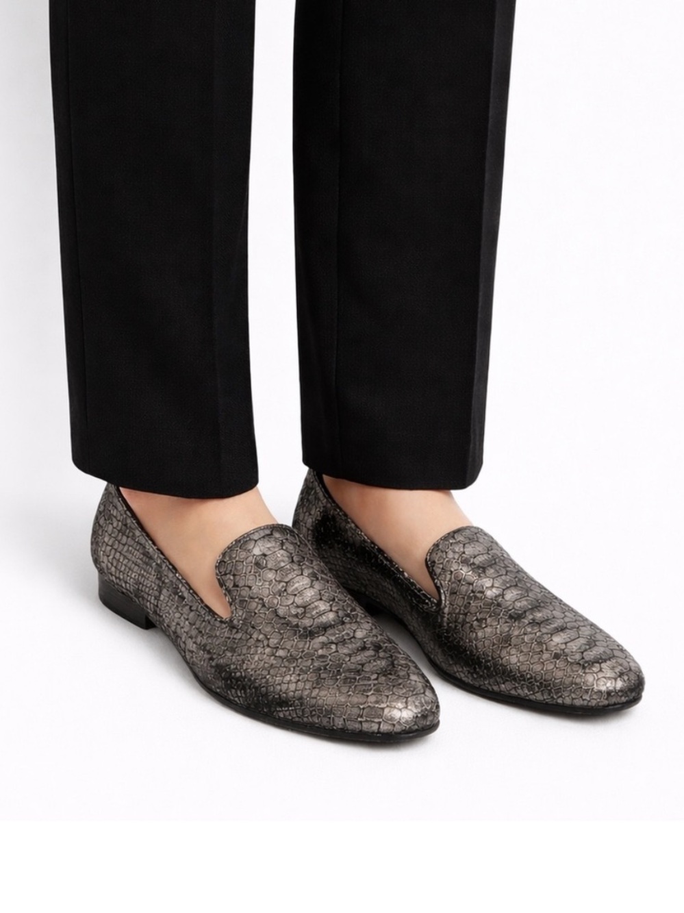 Size 8 Johnston & Murphy Women Metallic Snake Print Leather Loafers Slip On Flat